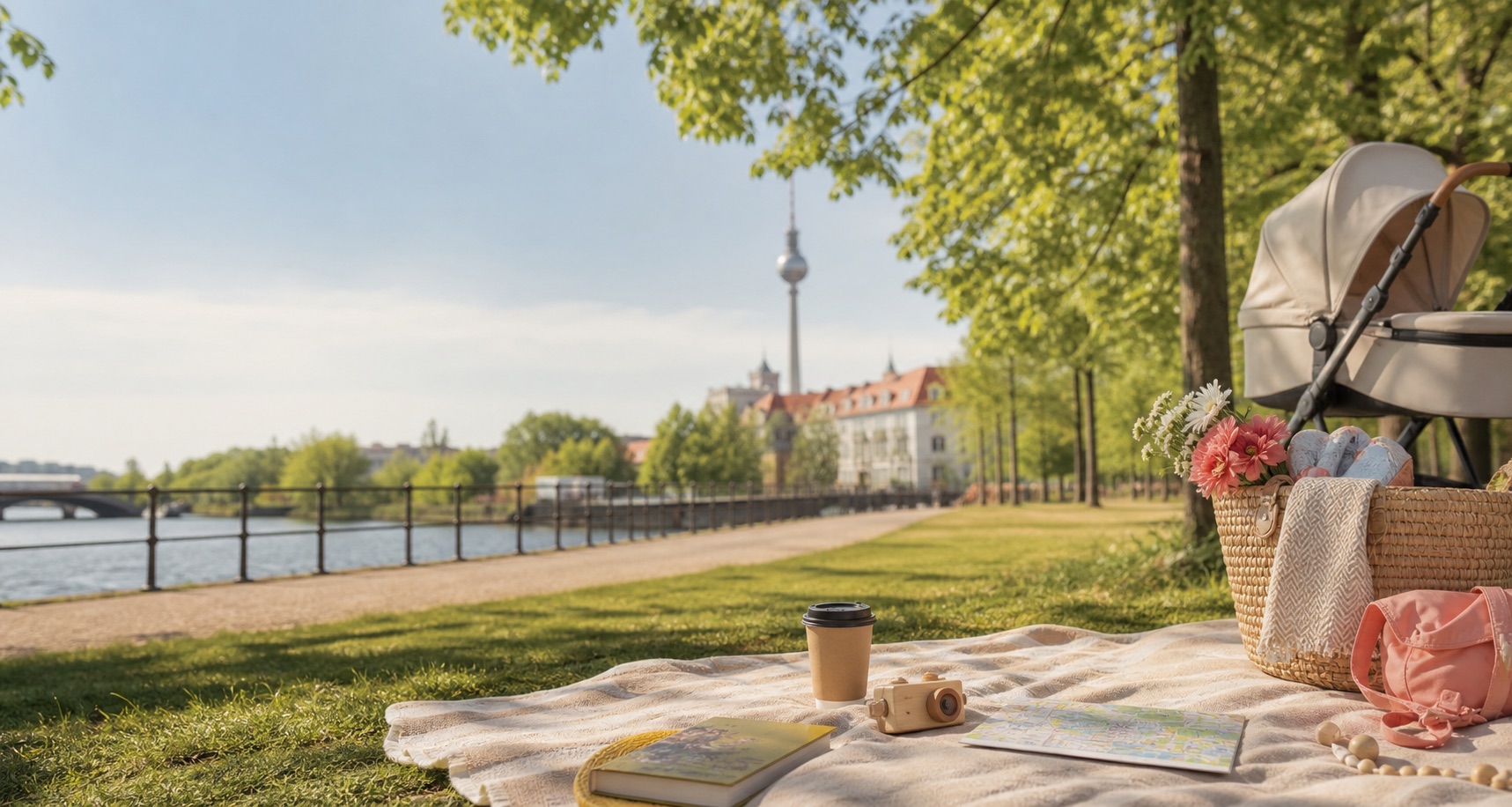 Eine warme Berliner Familienszene im Park mit Stadtdetails im Hintergrund